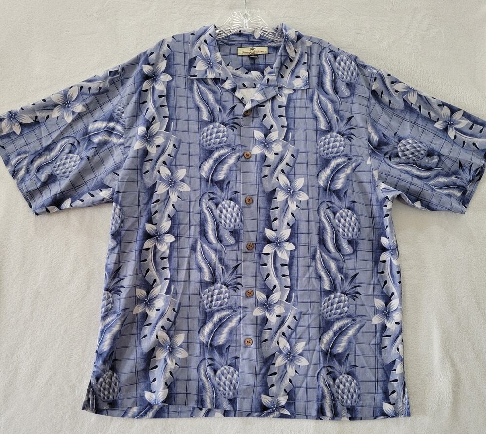 Tommy Bahama 100% Silk Hawaiian Shirt Men's Large Pinapple Floral AOP Blue VTG